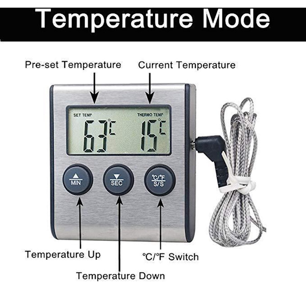 Kødtermometer - Køkkentermometer - Rustfrit stål - Digital - Grilltermometer - Med timer - Magnetisk - Termometer også velegnet til kød, grill, ovn