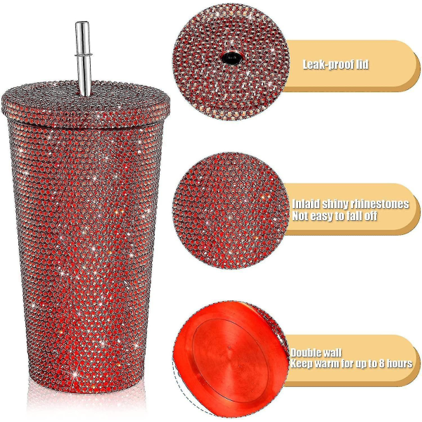 Bling Diamond Tumbler Glitter Vannflaske med Lokk - Rød