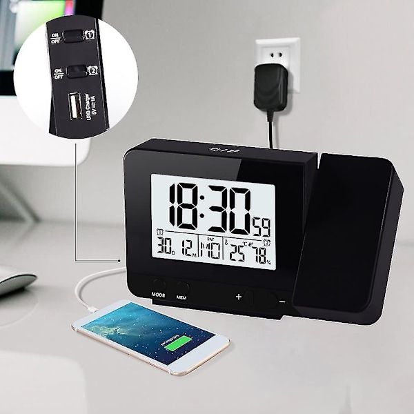 2024, Projeksjonsvekkerklokke for soverom, Stor takprojeksjonsvekkerklokke med USB-port, Batteribackup, 180 Projektor, LED-display