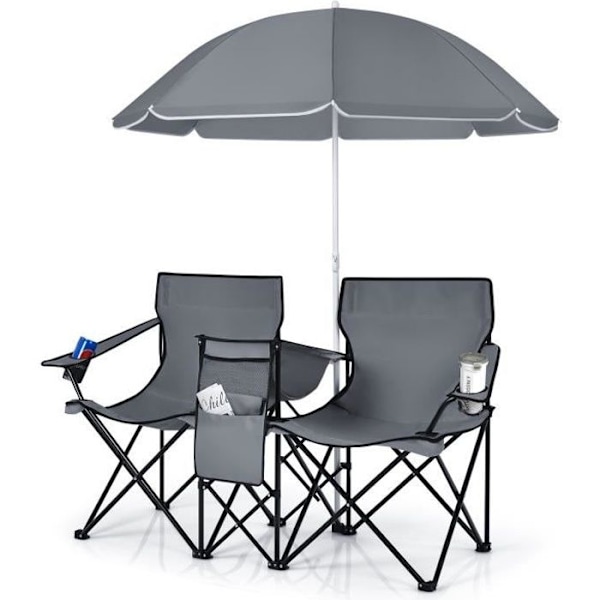 COSTWAY 2-seater folding camping chair/armchair with cooler bag, parasol, cup holder, armrests, load 270 kg, gray