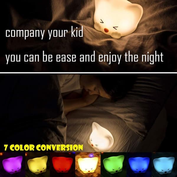 LED nattlys for barn, søt katt myk silikon babylampe
