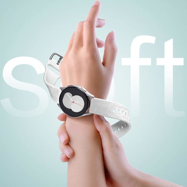 Auringonkukalla kaiverrettu ranneke, yhteensopiva Samsung Galaxy Watch 7 6 5 4 40mm 44mm naisten kanssa, 20mm pehmeä silikoniranneke Galaxy Watchille[ee] White