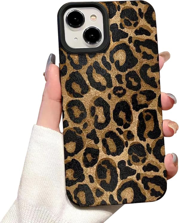 Compatible with iPhone 14 Case with Trendy Brown Leopard Pattern Leather Simple Cute Case for Women Girls Soft Silicone