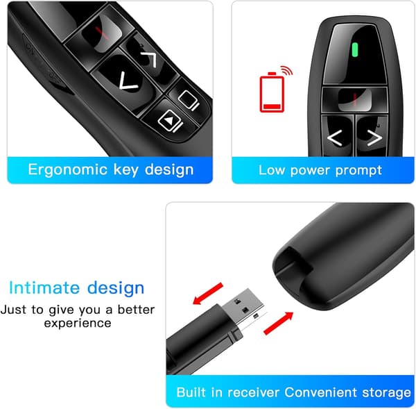 Trådløs presentasjonsklikker med laserpeker fjernkontroll for PowerPoint-lysbilder opptil 20 meter svart