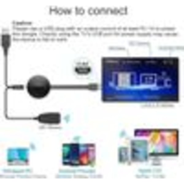 Trådløs HDMI-skjermadapter, WiFi-skjermdongle, bærbar 1080P TV-mottaker Airplay-dongle speilskjerm fra telefon til storskjerm, kompatibel med