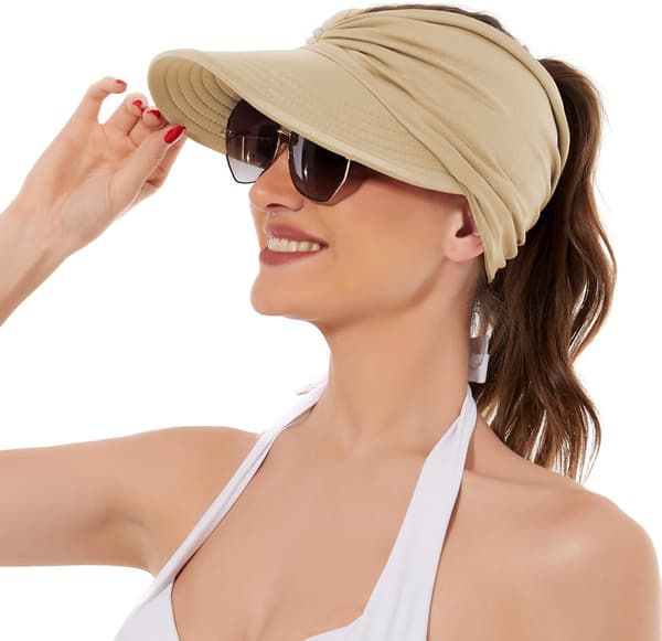 Solhatte til kvinder UV-beskyttelse Solskærm Bred skygge Sommerhatte med hestehale Beige