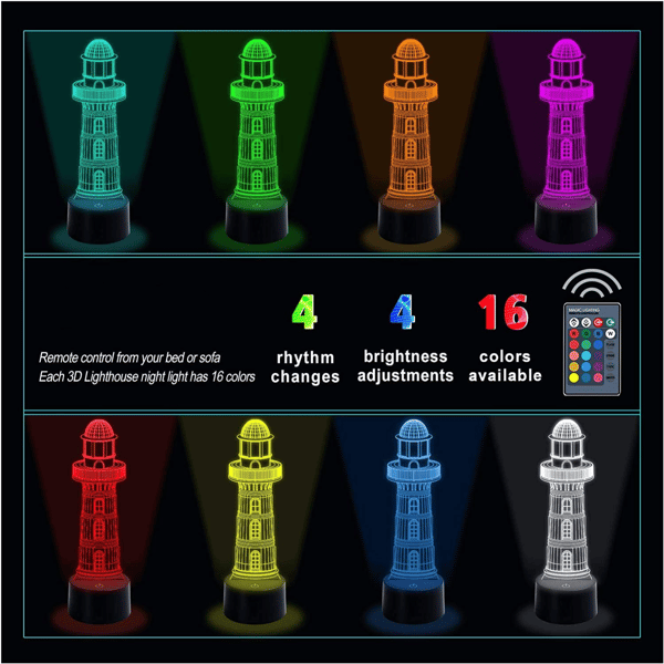 3D Optical Illusion Lighthouse Night Light, 3D Lighthouse Lamp 16 Color Variations, Smart Touch Button USB and Battery Operation, Amazing Creative Art