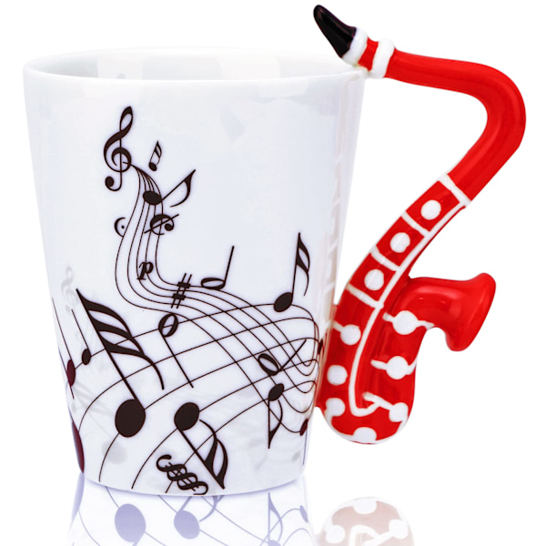 14 Ounce Sax Krus Musikalske Noter Kaffekrus Keramisk Saksofon Musikk Kopp Gave til Venn Krus Musikk Note Kaffe (Rød)