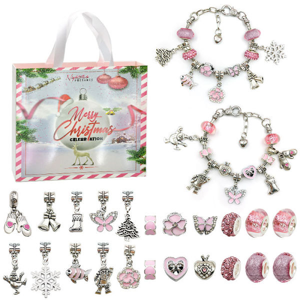 Juleoverraskelse Pink Gaveæske Børn DIY Sølv Armbånd Jule Nedtællingskalender Blind Box