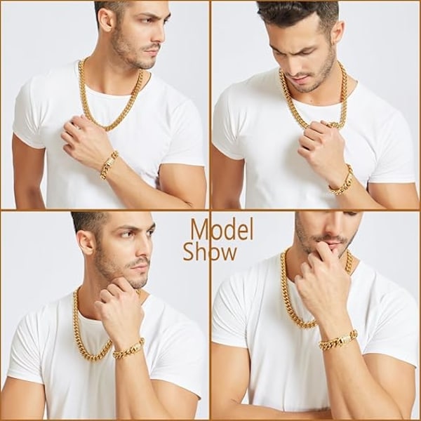 Miami Cuban Link-kjede for menn i 18K gull 15mm rustfritt stål med CZ diamant choker (20.0 tommer)