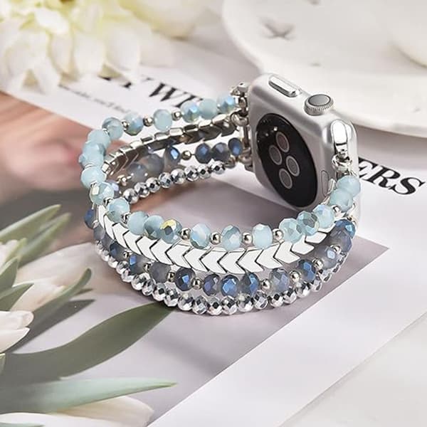 Crystal Multi-Layer Beaded Smartwatch Bracelet – Modular Replacement Strap Compatible with 42/44/45/49mm Watches Silver-gray