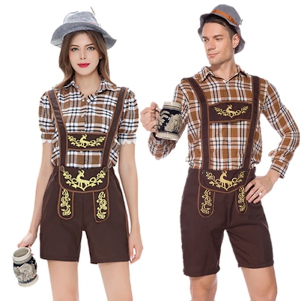 Aikuisten pariskunnan Oktoberfest-asu, Lederhosen-haalarit, paraati, tavernan baarimikko, tarjoilija, cosplay, karnevaali, Halloween-juhlamekko, miehet But XL