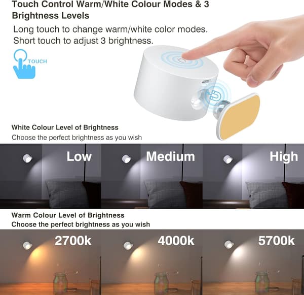 LED wall lamp, rechargeable battery operated, touch co