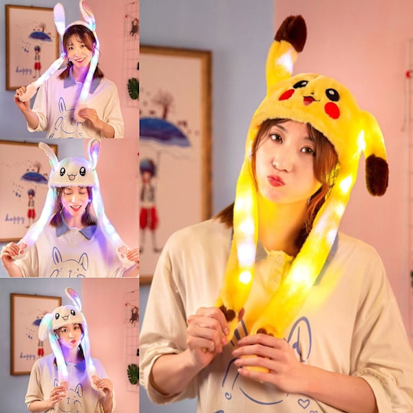 60cm Søt Kanin Pikachu Plusshatt med Avtakbare Ører Lysende Egnet for Damer og Jenter Cosplay Hatt Gave Fest Feriehatt A