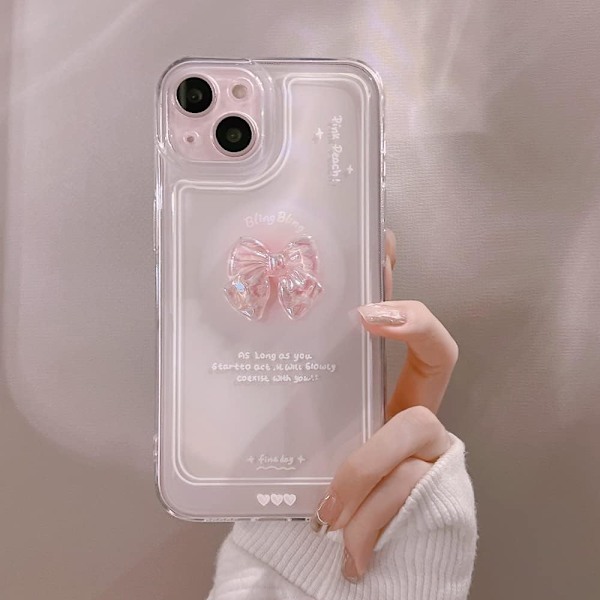 Kompatibel med iPhone-etui, Søt 3D Rosa Sløyfe Slank Transparent Estetisk Design Kvinner Jenter Glitter Beskyttende Telefonveske for iPhone 11