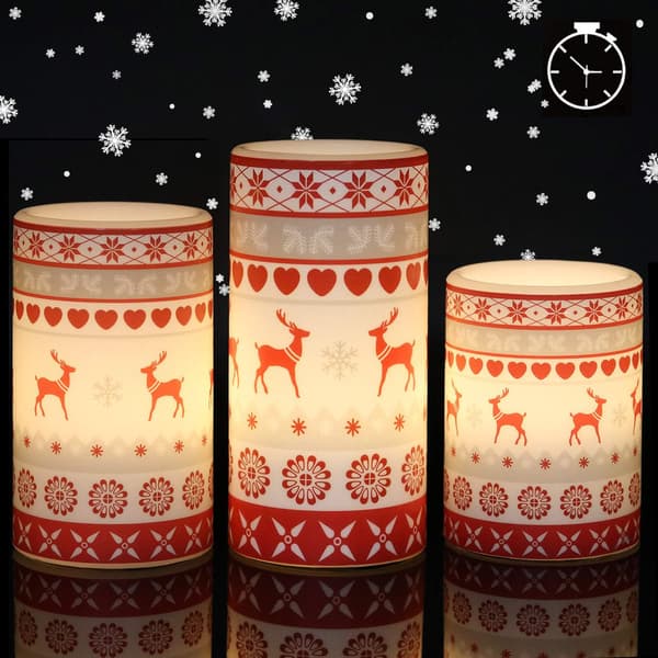 Jul Älg LED Ljus Batteridriven med 18-Knapps Timer, Äkta Vax Pelarljus Varmt Ljus, Älgdekal Dekal Gåva (3-Pack)