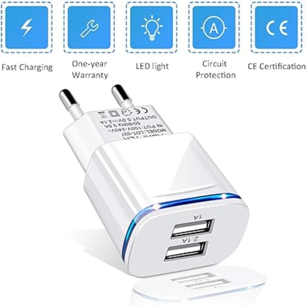 1 stk. Strøm USB-ladeadapter, 2.1A 5V 2-Port Universal LED Strømadapter