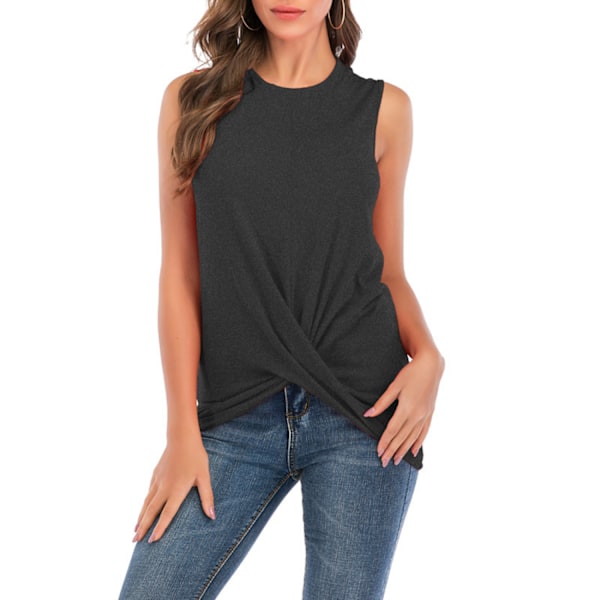 Women's Linen Twist Knot Summer Sleeveless Crew Neck Sleeveless Crinkled T-Shirt --- Gray（Size M）