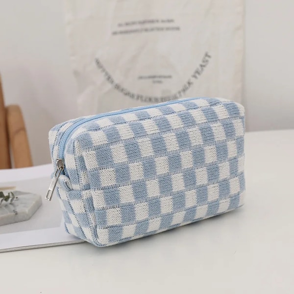 Retro Stickad Rutiga Bärbar Resväska för Kosmetika, Makeup-Organiserare, Pappersväska, Pennfodral, Skoltillbehör, Blåvit Rutmönster Blue white grid 7.5x9.5x17 cm