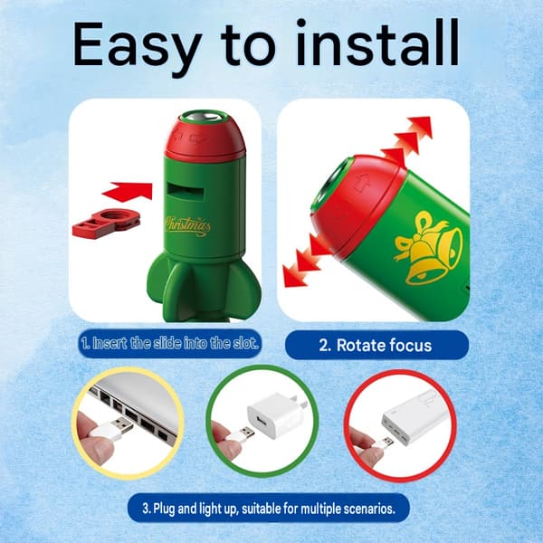 Juleprojektor Natlampe til Børn, USB-projektor med 6 Motiver red