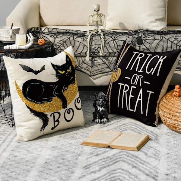 Happy Halloween Boo Svart Katt Knask eller Knep Putetrekk, 45 x 45 cm Skummel Gresskar Flaggermus Putetrekk for Sofa Sofagruppe 4-Pakning
