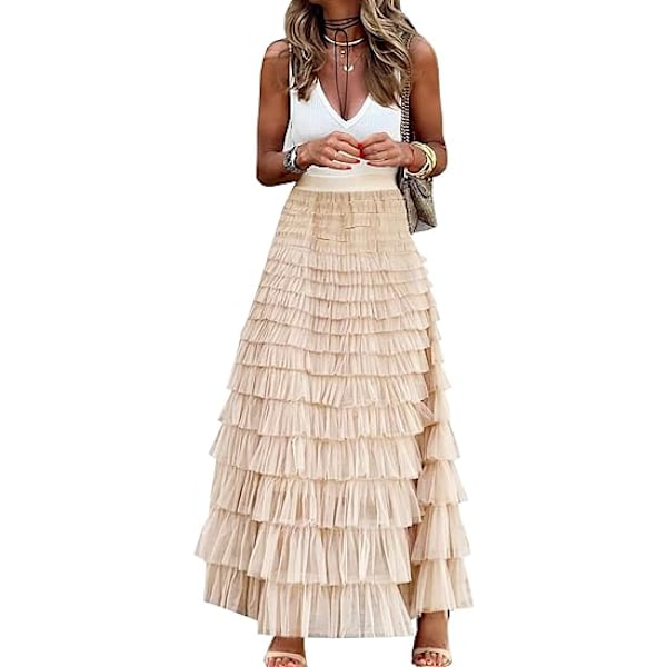 Long Maxi Tulle Skirt Ladies A Line Ruffles Mesh High Waisted Skirts Petticoat Beige