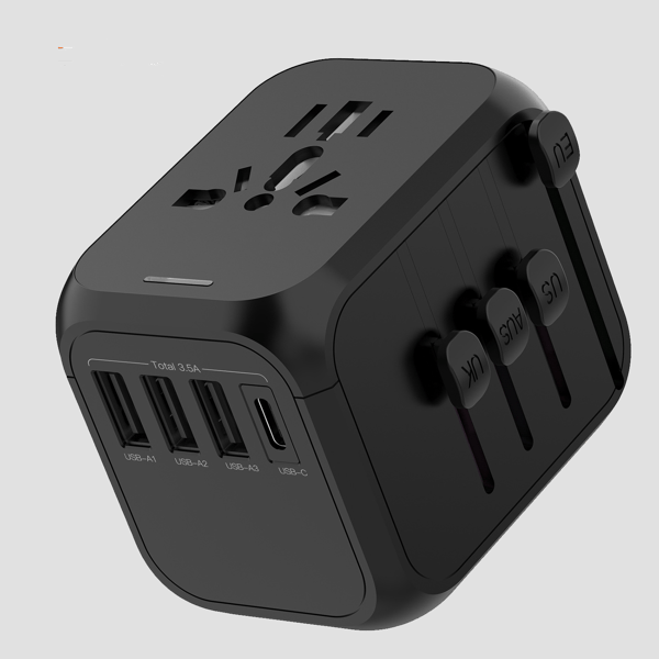 Universal rejseadapter med USB-C og 3 USB-A-porte til 150 lande - CE-certificeret - Kompatibel med US UK EU AU stiktyper - Sort