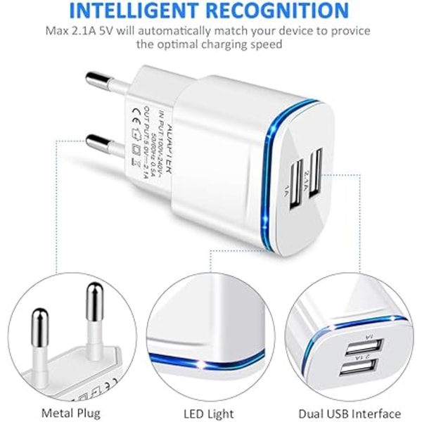 1 stk. Strøm USB-ladeadapter, 2.1A 5V 2-Port Universal LED Strømadapter
