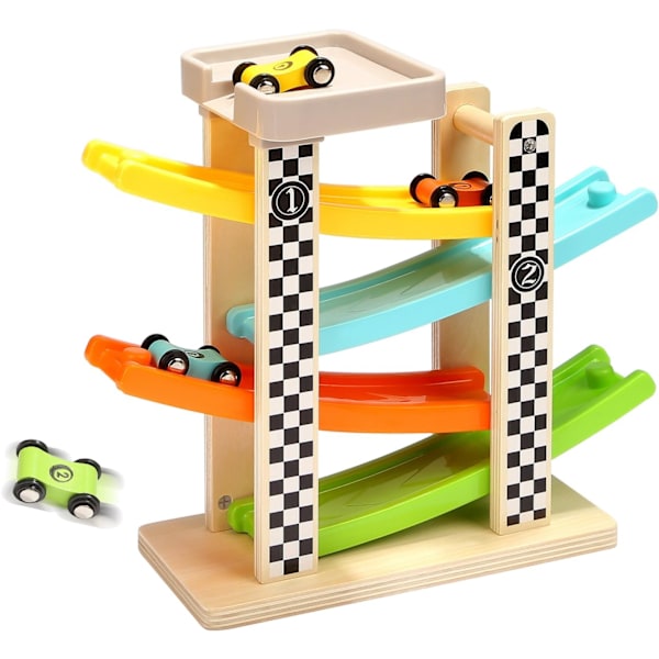 Toddler Toys for 1 2 Year Old Boy and Girl Gifts Wooden Race Track Car Ramp Racer with 4 Mini Car