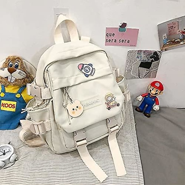 Kawaii-reppu tytöille, koululaukku, vedenpitävä nylon, Kawaii-riipuksella, söpö neula, minireppu (valkoinen)