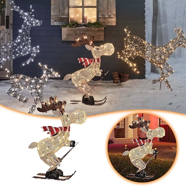 Udendørs julefigur LED ski-elg havepynt stik med timer