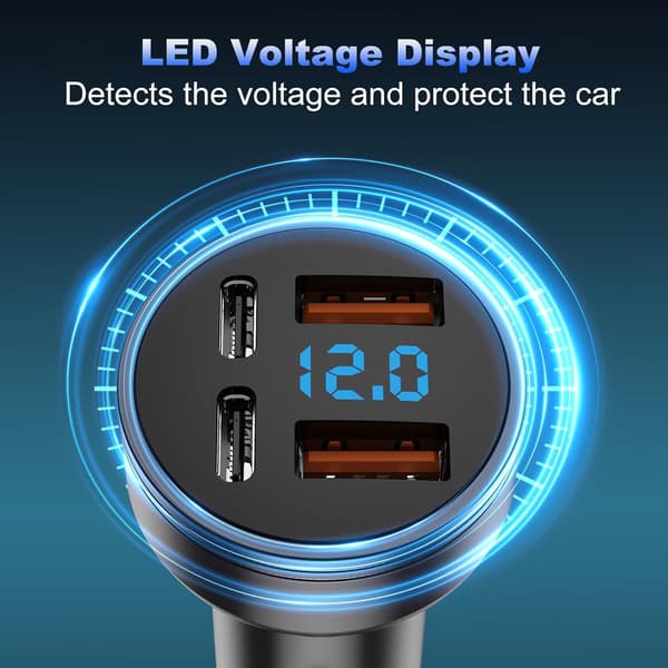 126W Biloplader USB C PD QC3.0 Hurtig Opladningsadapter med LED Voltmeter til iOS Android Tablets Telefoner