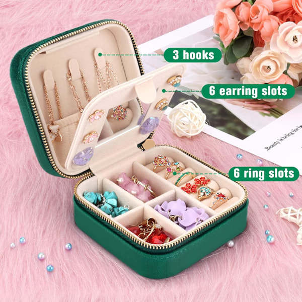 Mini Rejse Smykkeskrin i Velour med Spejl, Rejse Smykkeskrin Organizer, Lille Smykkeopbevaring til Ringe Øreringe Halskæde Armbånd Dark Green