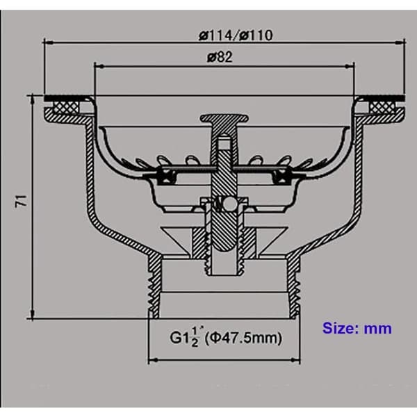 Vaskesien uden overløb i rustfrit stål, kurv ø 110 mm 1½\", rustfrit stål + ABS-afløb + kurv