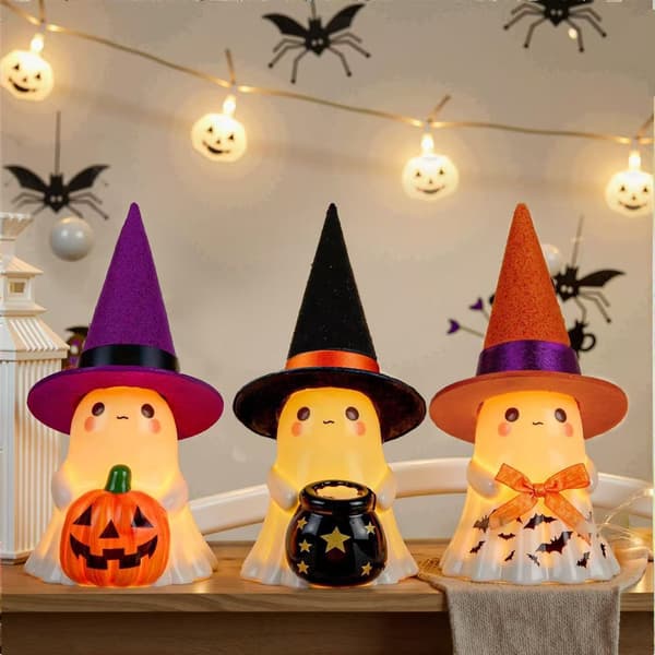 Lysende Halloween Spøgelse Harpiks Statue, Stående Havepynt med Hat til Veranda og Have, 3 Farver