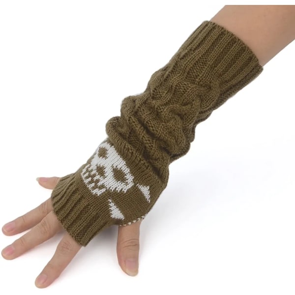 Fingerlösa handskar för kvinnor med korsben, varma handskar med jacquardskalle och tumhål