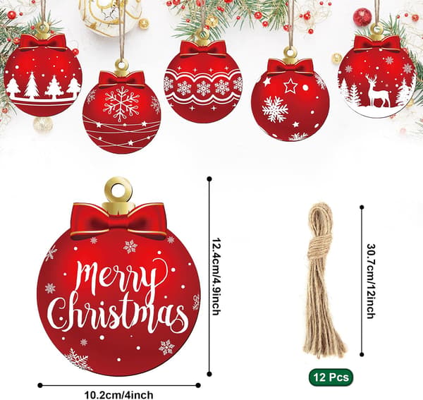 Træ julepynt 12 flade hængende ornamenter røde