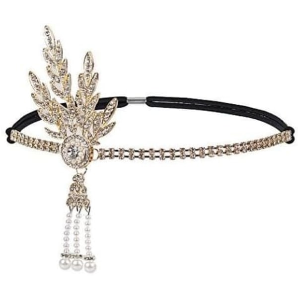 1920s Pearls Leaf Headpiece Headband - Great Gatsby Accessories for Women, Gold Leaf + Rhinestone
