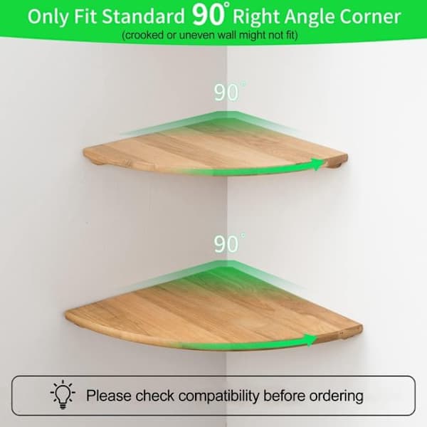 Set of 2 - 7\" Solid Oak Corner Shelves - Wall Mounted Round Floating Shelves - With Cable Hole for Speakers, Plants or Picture Frames - Natural