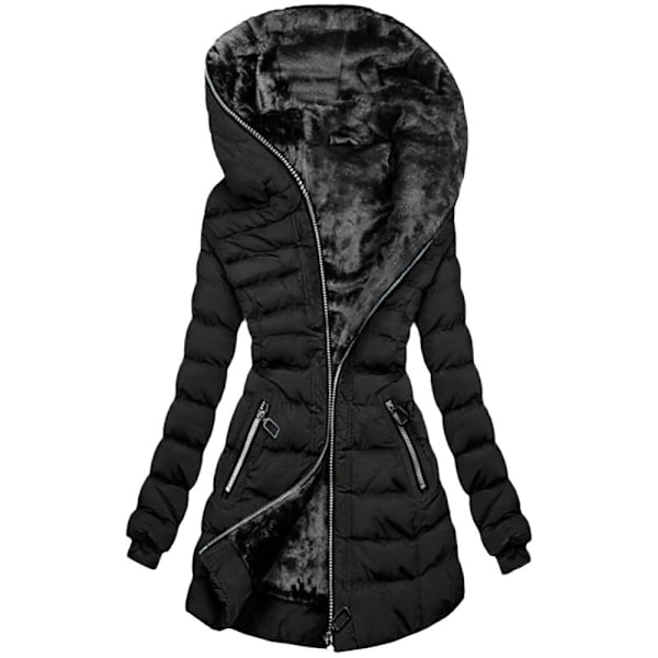 Dame Vinterjakke Lang Varm Foret Teddy Fleece Jakke Ensfarvet Langærmet Lynlås Hoodie Slim Vinter Hoodie Med Lomme