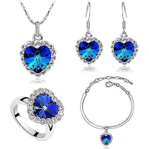 Titanic Havets Hjerte Halskæde Øreringe Armbånd og Ringe Smykkesæt, Sølv Blå Safir Krystal Halskæde Vedhæng Bryllup Prom Smykker