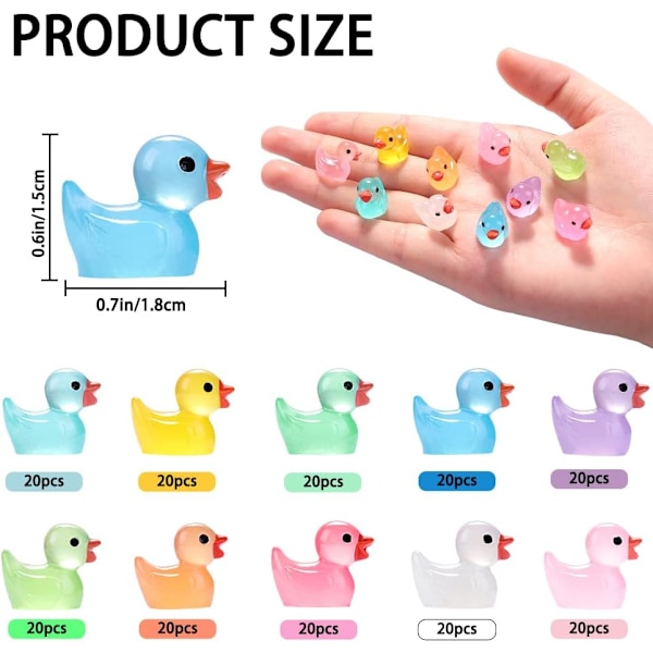200 st Lysande Mini Resin Anka 10 Färger Små Små Ankor Lysa i Mörkret Ankafigurer för Dockskåp Akvarium Dekor Mikro Fe Trädgård Landskap