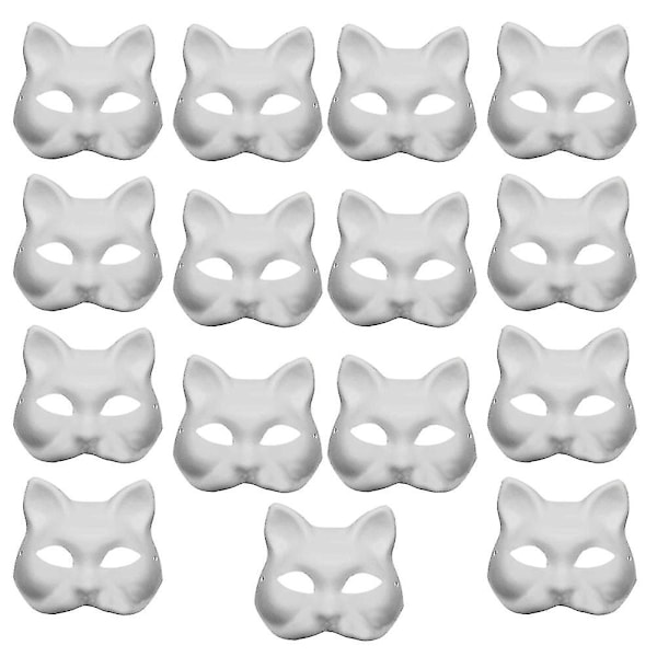 15 stk hvite dekorative malbare masker halv ansikts kattmasker Halloween fest tomt papir vanlig