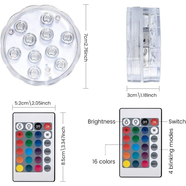 6 stk nedsenkbare LED-lys, 10 stk undervannslys, 16 RGB-farger med 12 sugekopper og 1 RF-fjernkontroll for dam, akvarium, spa, basseng, hage