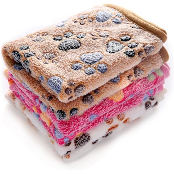 1 Pack 3 Filtar Super Mjuka Fluffiga Premium Fleece Djurfiltar Flanell Pläd för Hund Valp Katt Tass Brun/Rosa/Vit Small(23x16 tum)