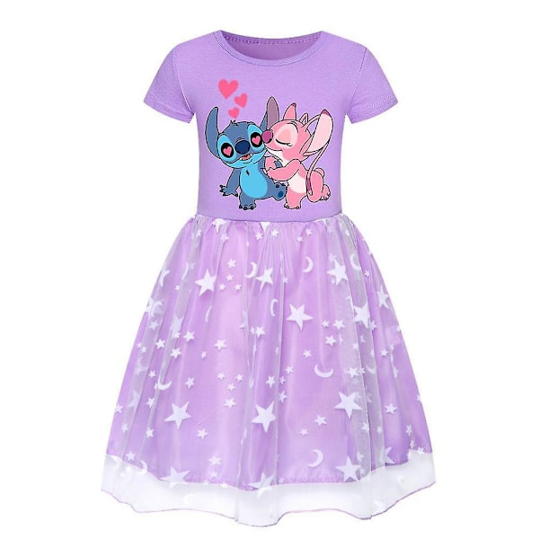 Barn Flickor Lilo & Stitch Tryck Klänning Kjol Sommar Kortärmad Födelsedagsfest Klänning 3-10 År Lila Purple 5-6 Years