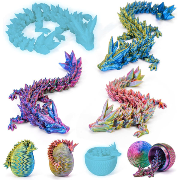 4 st 3D-printade påskdrakägg, liten ledad kristalldrake fidget-leksak, överraskning 3D-printade djurleksaker påskkorg (4-delars set-E)