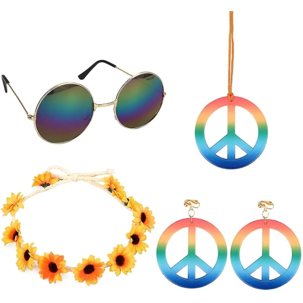 4 stykker Hippie kostume sæt Hippie tilbehør Hippie briller Hippie stil Fred