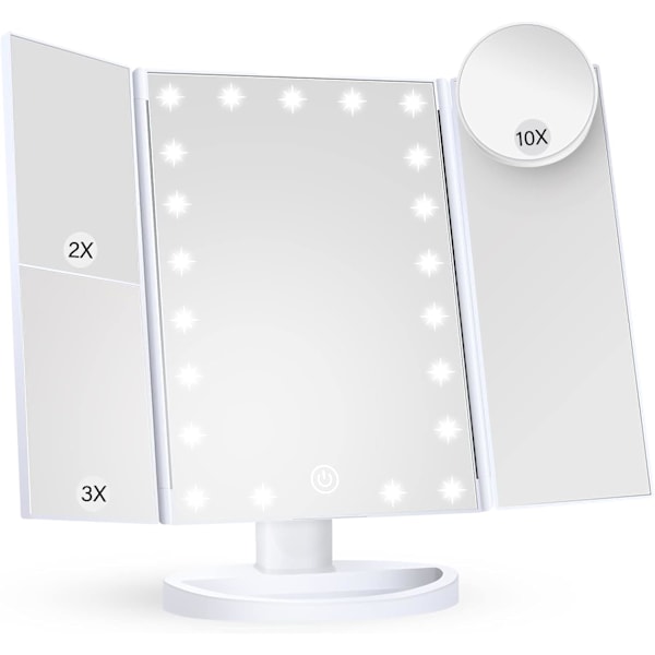 Sminkspegel Sminkbordsspegel med Ljus, 2X 3X 10X Förstoring, Touchkontroll, Tri-Fold Smink Spegel, Dubbel Strömförsörjning, Bärbar LED Smink Spegel