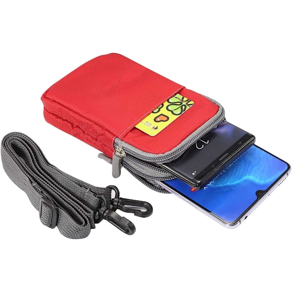 Mobiltelefon midjeväska, crossbody mobiltelefonväska, utomhus rese nylon axelväska, med bälteshälla karbinhake röd red 9*16.5*3.0CM